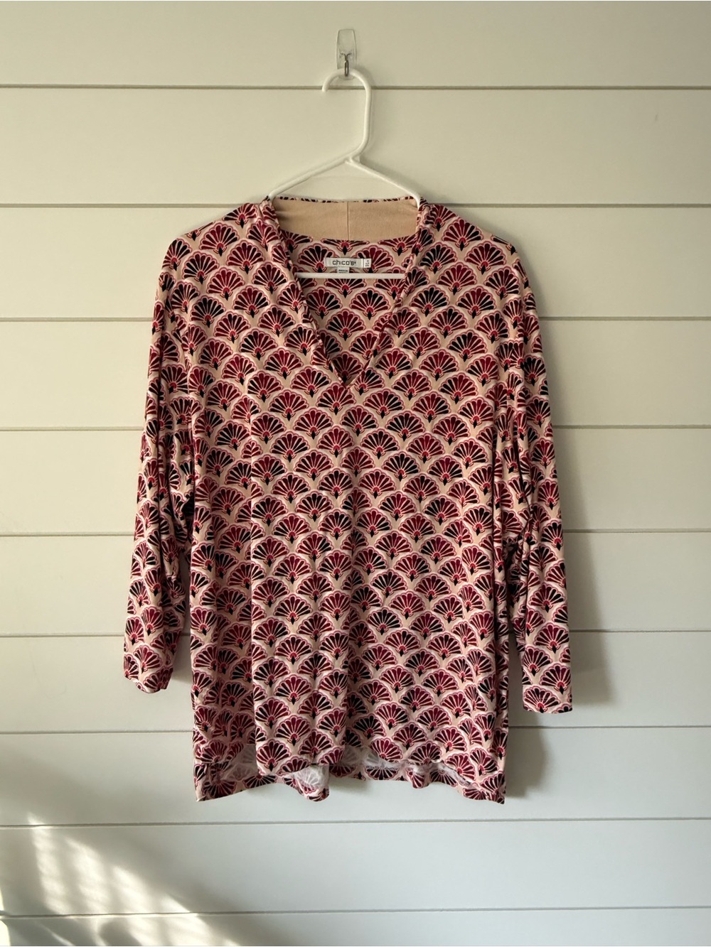 Chico's Touch of Cool Geo 3/4 Sleeve Top with Pink and Black Pattern XXL